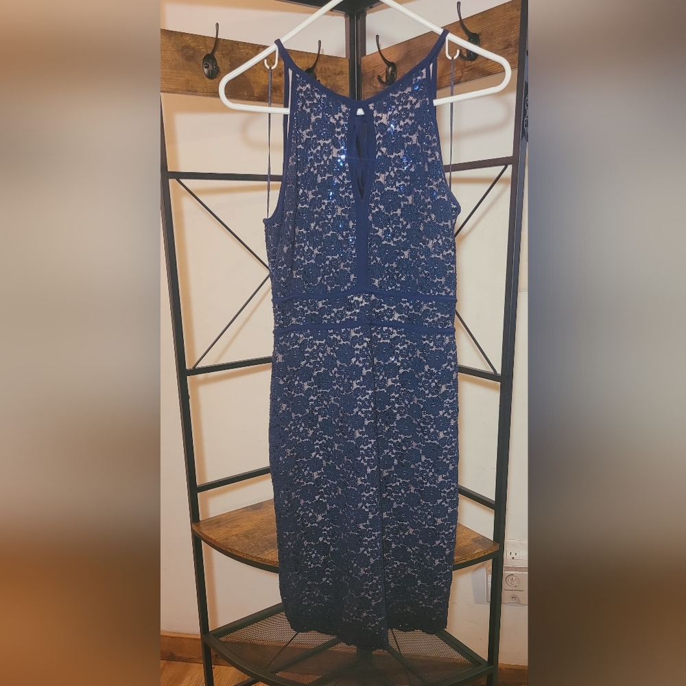 Established blue lace sequin cocktail dress.